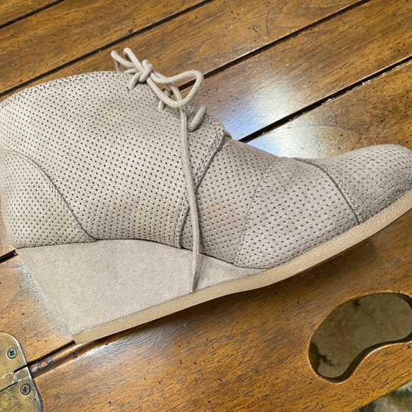 A pair of Light Tan Suede Wedge Short Boots - Picture 3 of 4